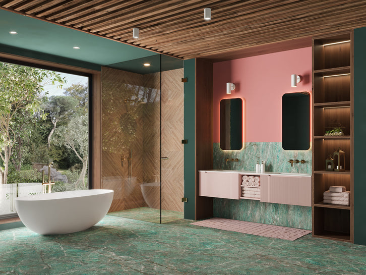Mastello Boudoir Green badkamer met modulair badkamermeubel ribbed oud roze