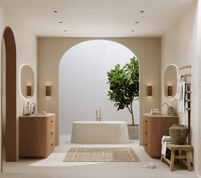 Beige badkamer met luxe badmeubels