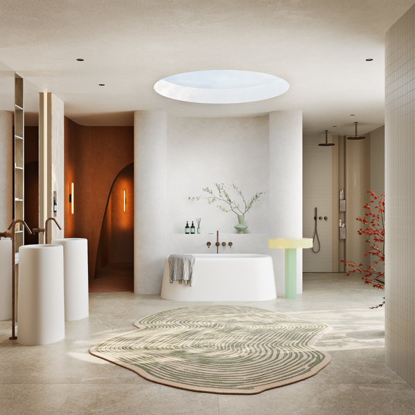 Vrijstaand Mastello Bold bad in mat witte kleur geplaatst in een rustig beige badkamer