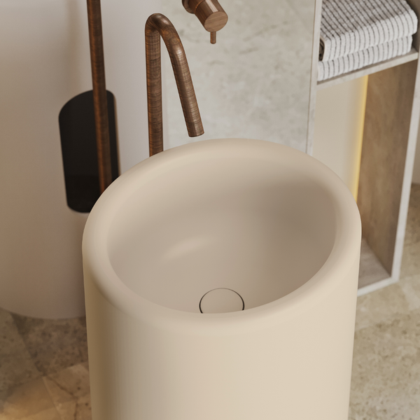 Vrijstaande waszuil gemaakt van solid surface in de kleur sahara sand een mooi beige kleur