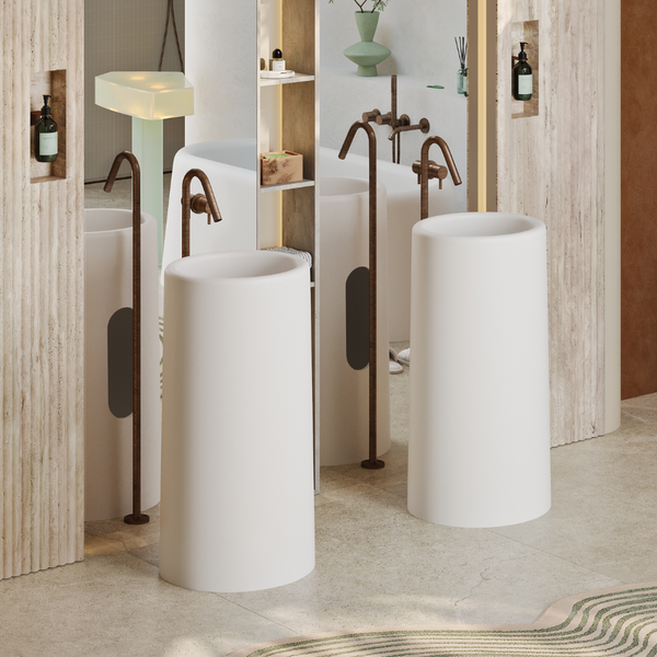 Vrijstaande Mastello Bold waszuilen in een beige badkamer