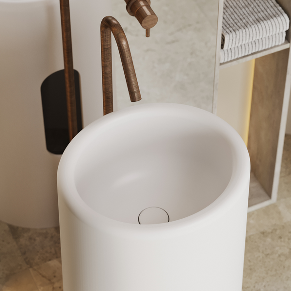 Bovenaanzicht van een Mastello Bold waszuil met bronzen kranen