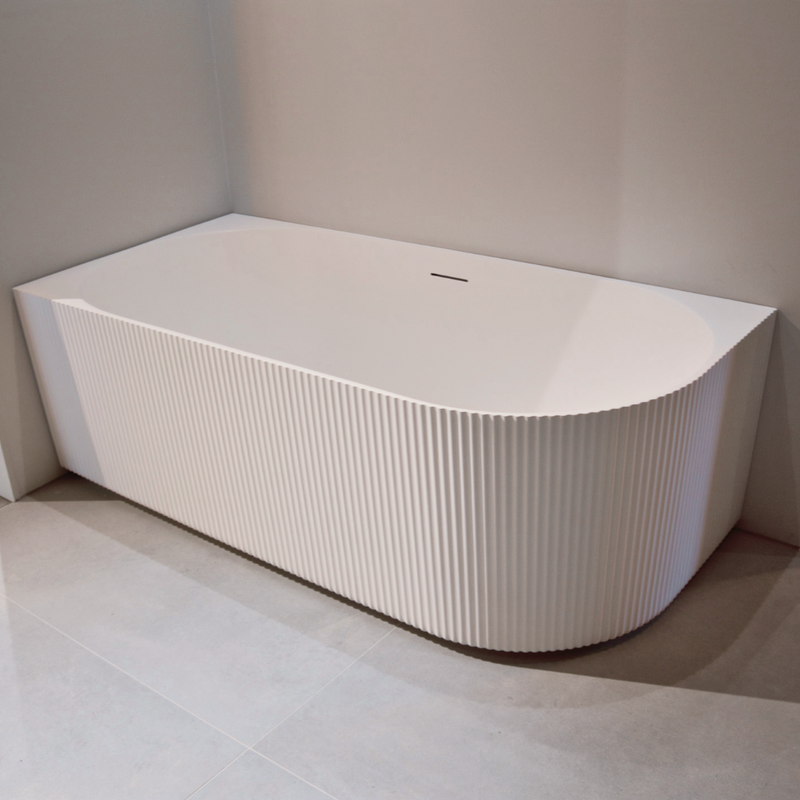 Mastello acryl half vrijstaand hoekbad Flow links ribbed mat wit showroom afbeelding 2