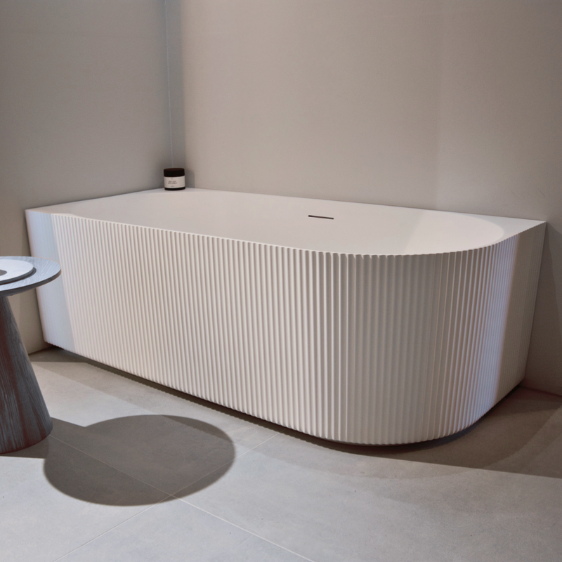 Mastello acryl half vrijstaand hoekbad Flow links ribbed mat wit showroom afbeelding 3