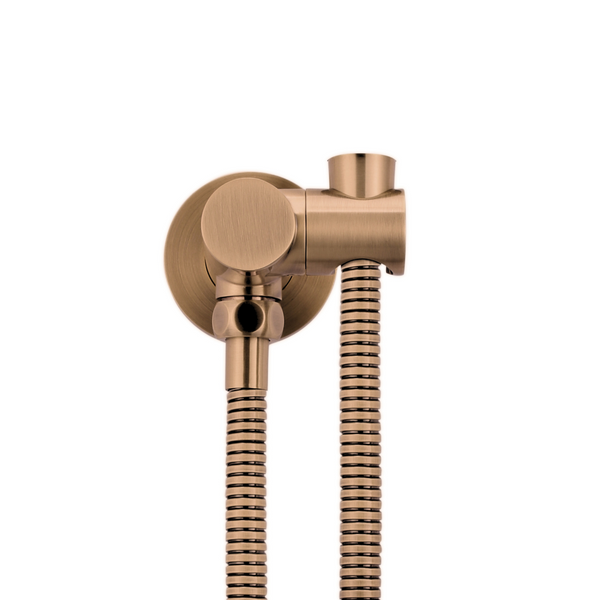 Koperen handdouchehouder met watertoevoer en slang