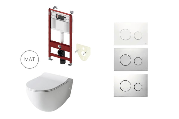 Mat wit toilet met inbouwreservoir en rond bedieningspaneel van kunststof 1