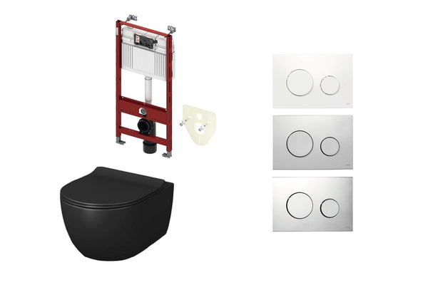 Mat zwart toilet met inbouwreservoir en rond bedieningspaneel 1