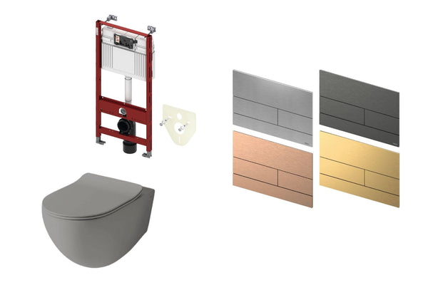 Mat olijf grijs toilet met inbouwreservoir en metalen vierkant bedieningspaneel PVD 1