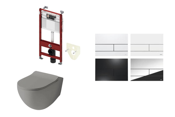 Mat olijf grijs toilet met inbouwreservoir en metalen bedieningspaneel 1