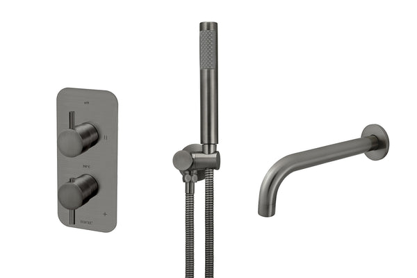 Gun metal PVD baduitloop met handdouche en inbouw thermostaatkraan