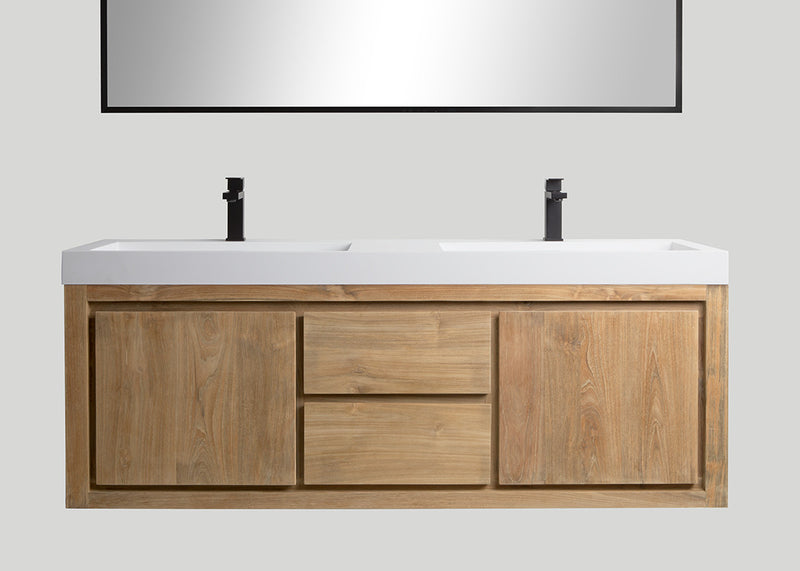 Blend polystone dubbele wastafel Sage glans wit met kraangaten - 140 cm