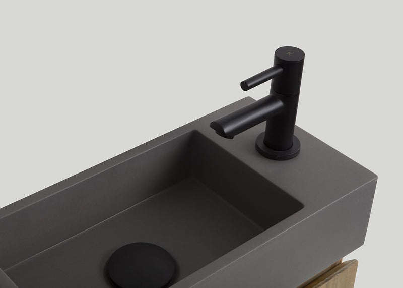 Mastello teak toiletmeubel Gili en quartz toiletfontein rechts mat beton grijs met kraangat - 36 cm