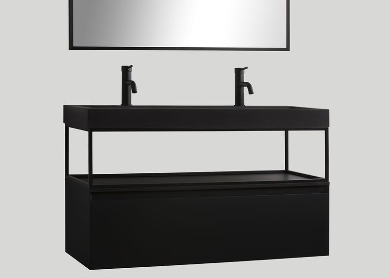 Blend quartz enkele wastafel Raw mat zwart met kraangaten - 100 cm