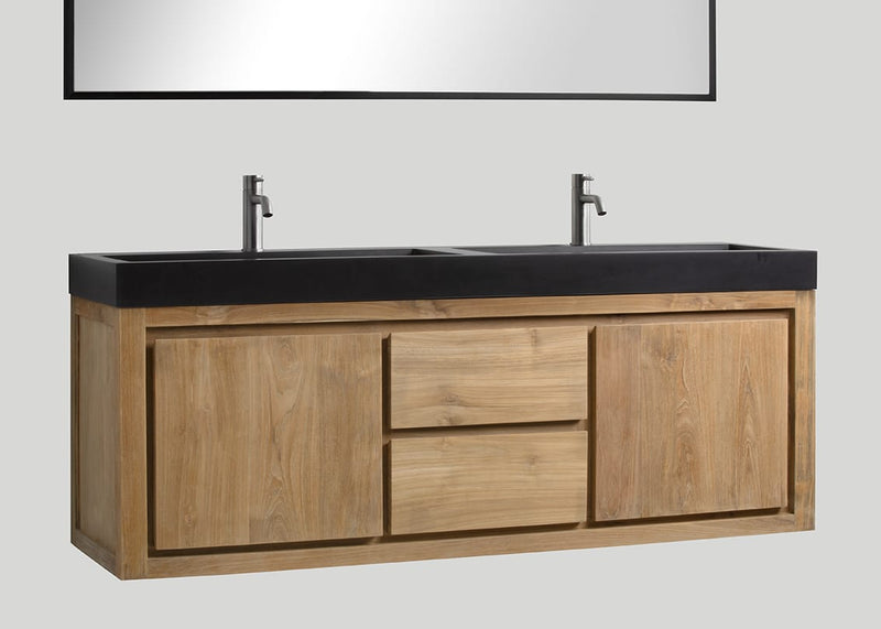 Blend quartz dubbele wastafel Raw mat zwart met kraangaten - 180 cm