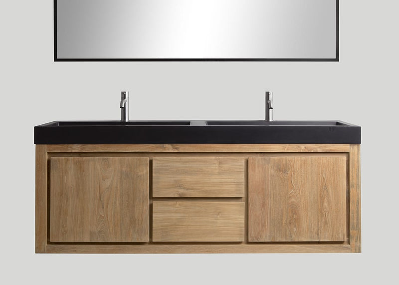 Blend quartz dubbele wastafel Raw mat zwart met kraangaten - 180 cm