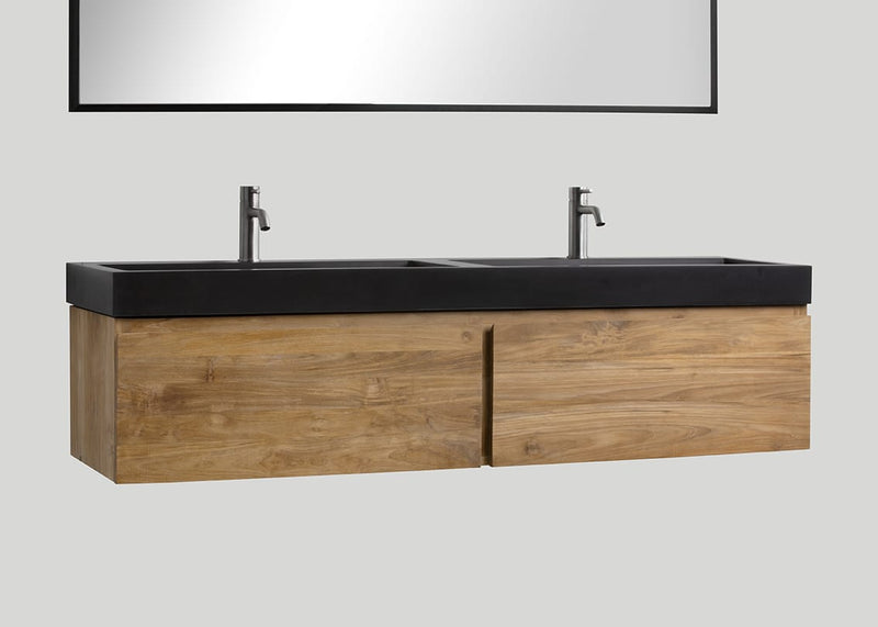 Blend quartz dubbele wastafel Raw mat zwart met kraangaten - 140 cm