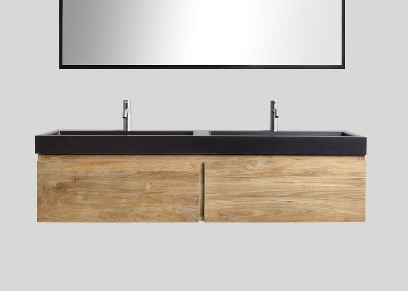 Blend quartz dubbele wastafel Raw mat zwart met kraangaten - 140 cm