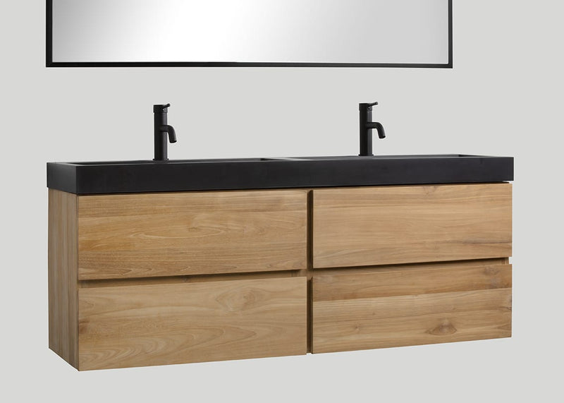 Blend quartz dubbele wastafel Raw mat zwart met kraangaten - 160 cm