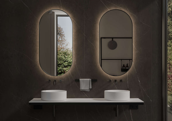 Ovale spiegel in zwart frame met led en spiegelverwarming 2