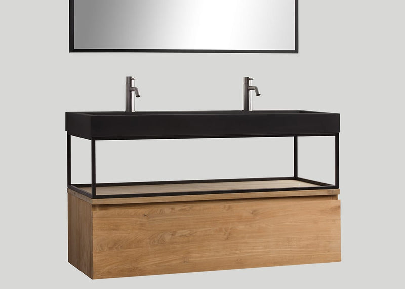 Mastello teak badmeubel Loft met frame en quartz wastafel mat zwart met kraangaten - 100 cm