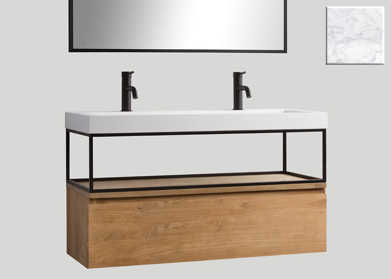 Mastello teak badmeubel Loft (1 lade) met frame en solid surface wastafel Cascate mat marmer zonder kraangaten - 120 cm