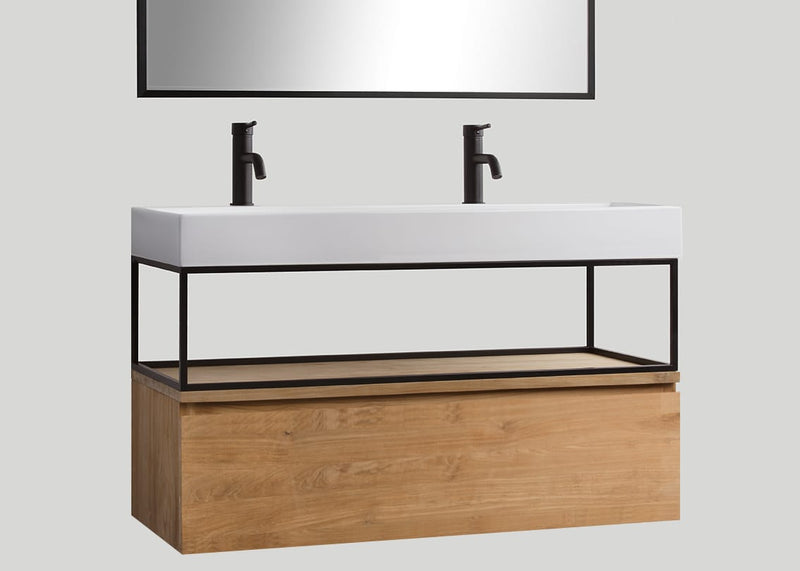 Mastello teak badmeubel Loft (1 lade) met frame en keramiek enkele wastafel glans wit zonder kraangaten - 120 cm