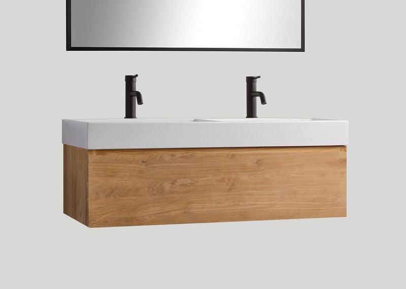 Mastello teak badmeubel Loft (1 lade) en keramiek dubbele wastafel glans wit met kraangaten - 120 cm