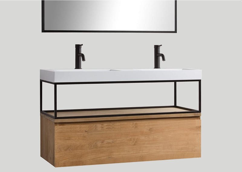 Mastello teak badmeubel Loft (1 lade) met frame en solid surface wastafel Stretto mat wit zonder kraangaten - 120 cm