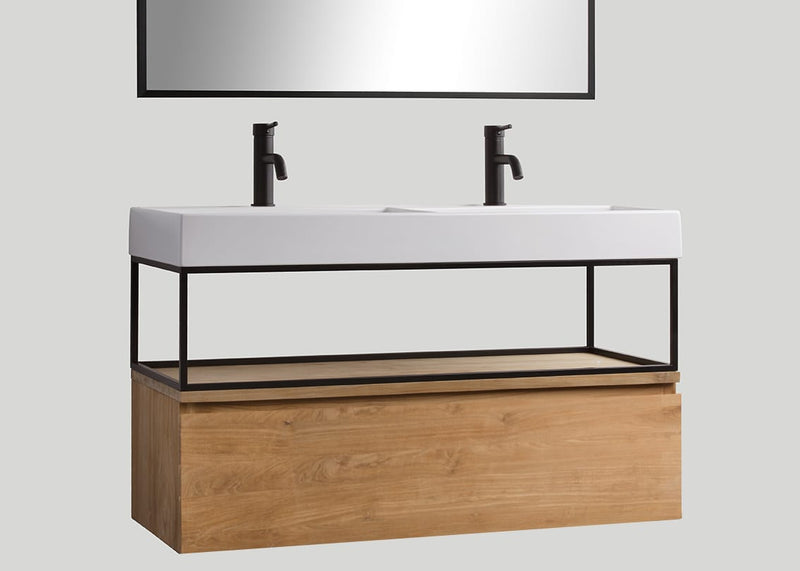 Mastello teak badmeubel Loft (1 lade) met frame en keramiek dubbele wastafel glans wit met kraangaten - 120 cm