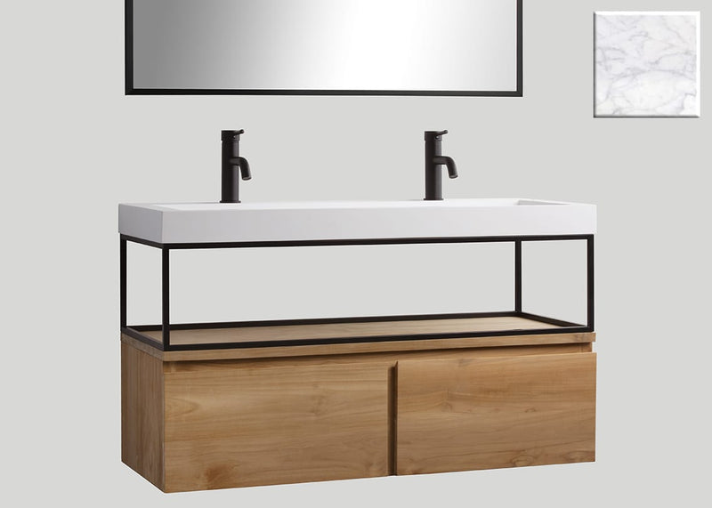 Mastello teak badmeubel Loft (2 lades) met frame en solid surface wastafel Cascate mat marmer met kraangaten - 120 cm