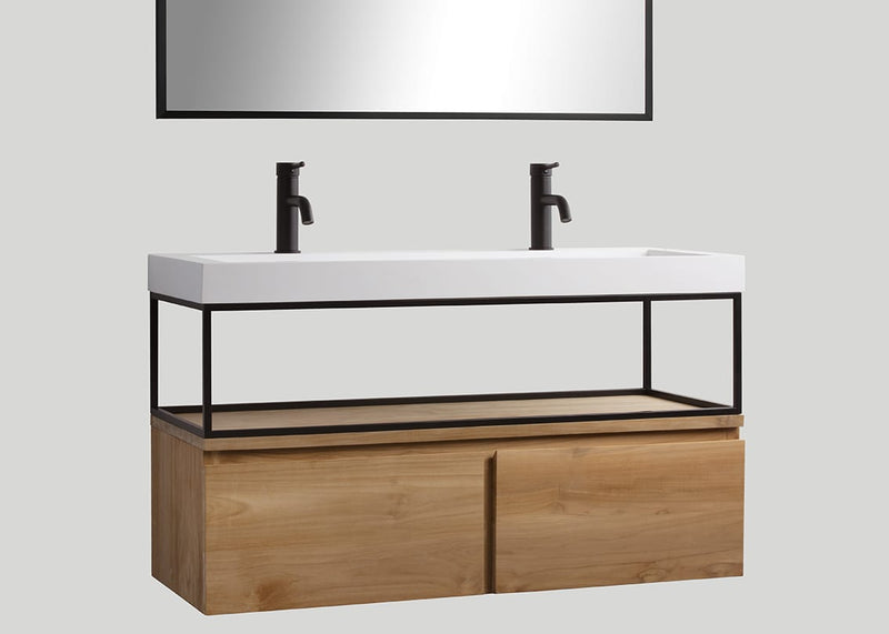 Mastello teak badmeubel Loft (2 lades) met frame en polystone wastafel glans wit met kraangaten - 120 cm