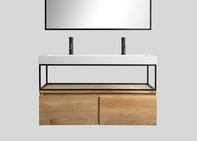 Mastello teak badmeubel Loft (2 lades) met frame en solid surface wastafel Cascate mat wit met kraangaten - 120 cm