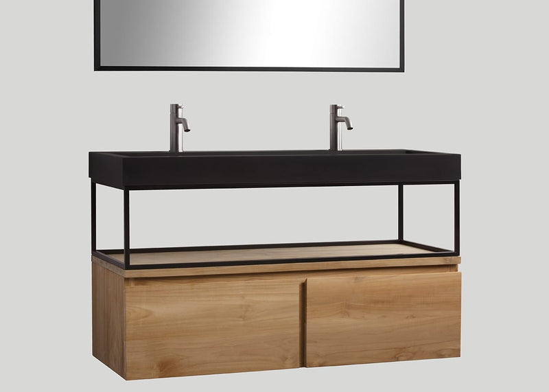 Mastello teak badmeubel Loft (2 lades) met frame en quartz wastafel mat zwart met kraangaten - 120 cm