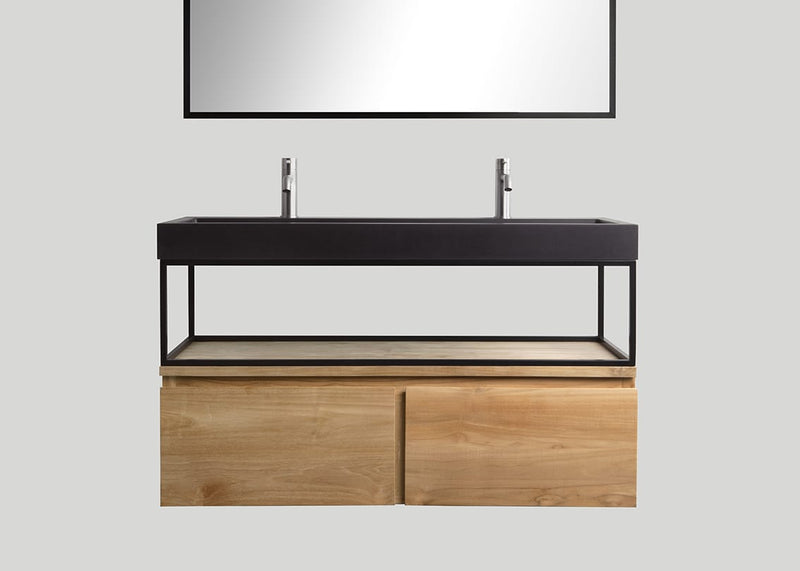 Mastello teak badmeubel Loft (2 lades) met frame en quartz wastafel mat zwart met kraangaten - 120 cm