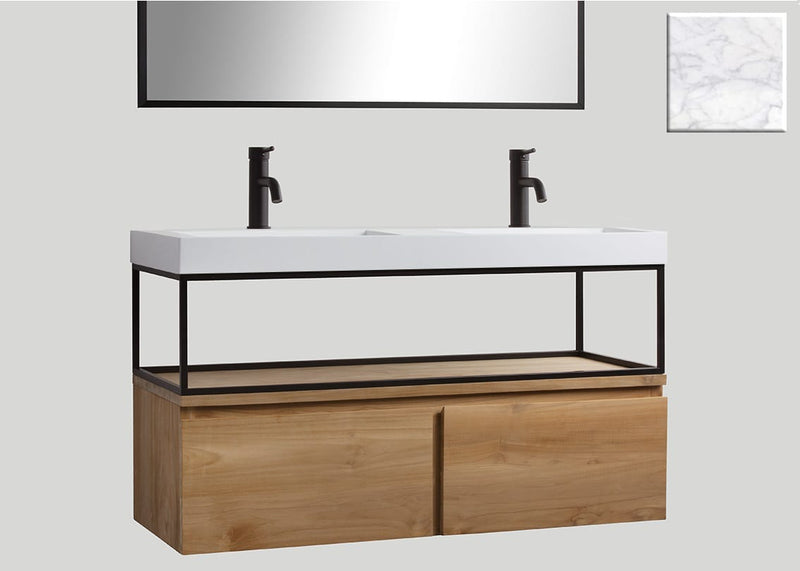Mastello teak badmeubel Loft met frame en solid surface wastafel Cascate mat marmer met kraangaten - 140 cm