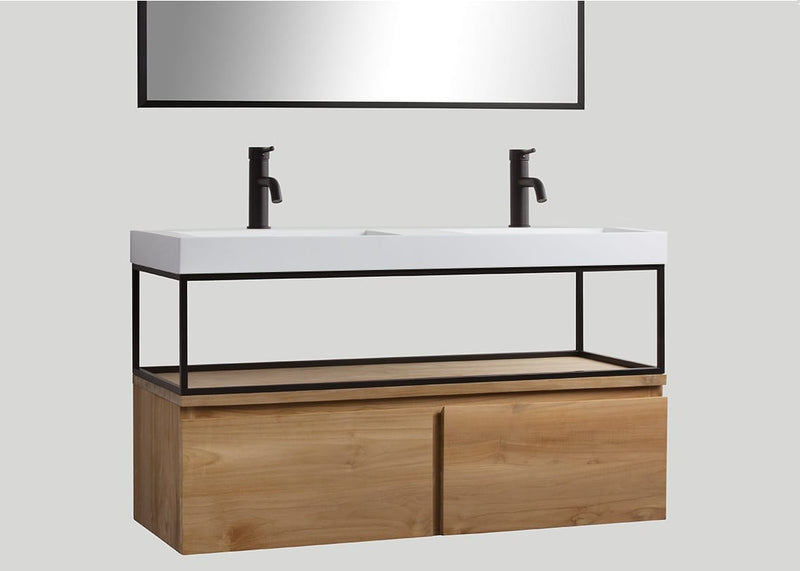 Mastello teak badmeubel Loft (2 lades) met frame en solid surface wastafel Stretto mat wit zonder kraangaten - 120 cm