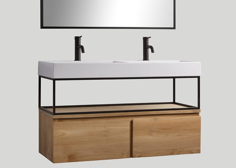 Mastello teak badmeubel Loft met frame en keramiek wastafel glans wit zonder kraangaten - 140 cm