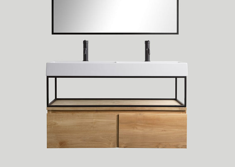 Mastello teak badmeubel Loft met frame en keramiek wastafel glans wit zonder kraangaten - 140 cm