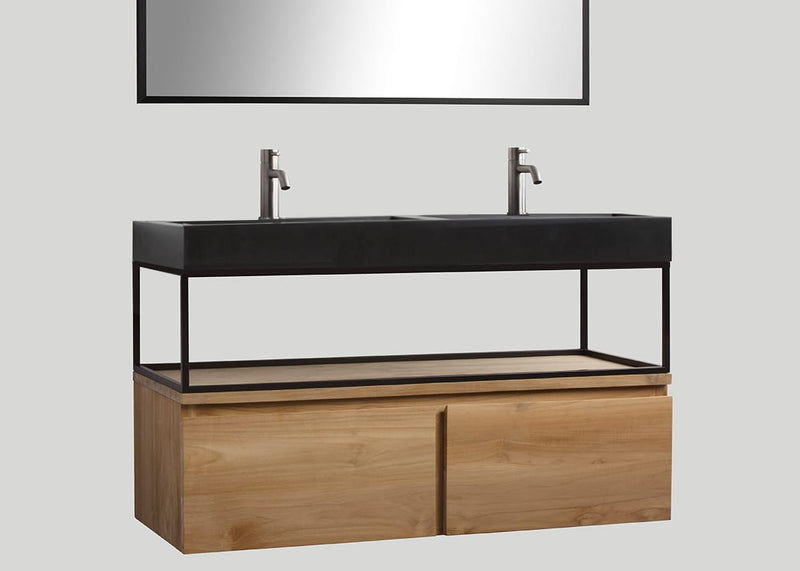 Mastello teak badmeubel Loft met frame en quartz wastafel mat zwart met kraangaten - 140 cm