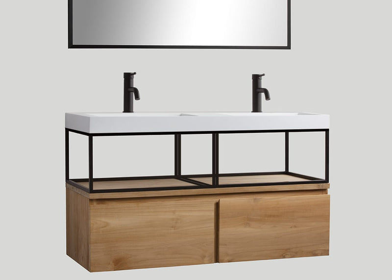 Mastello teak badmeubel Loft met frame en solid surface wastafel Stretto mat wit zonder kraangaten - 160 cm
