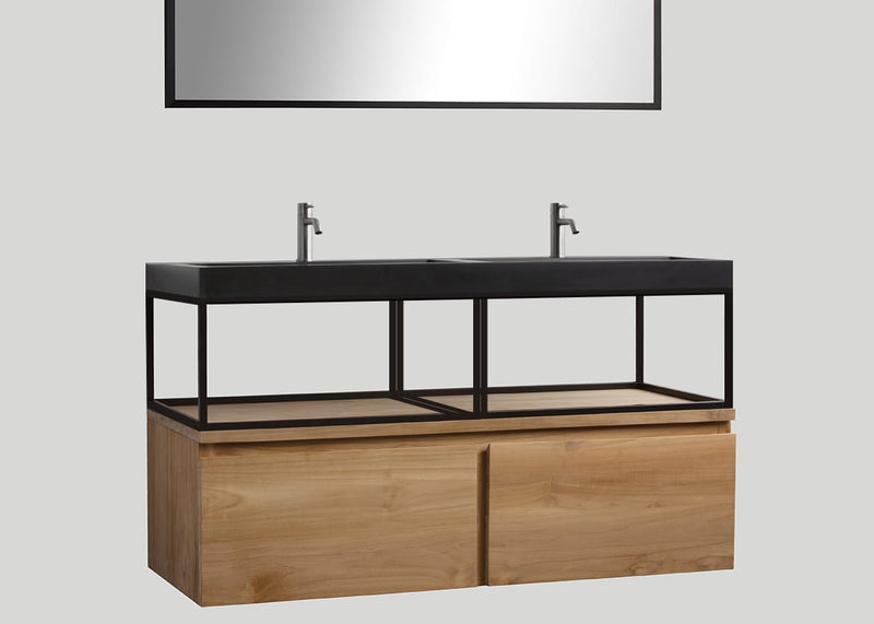 Mastello teak badmeubel Loft met frame en quartz wastafel mat zwart met kraangaten - 160 cm