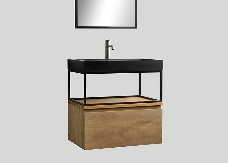 Mastello teak badmeubel Loft met frame en quartz wastafel mat zwart zonder kraangat - 60 cm