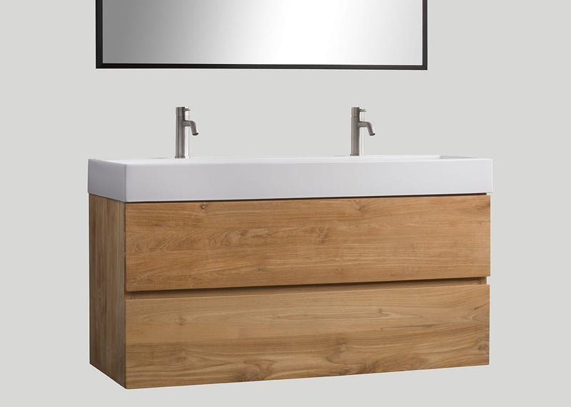 Mastello teak badmeubel Mallorca en keramiek wastafel glans wit met kraangaten - 100 cm