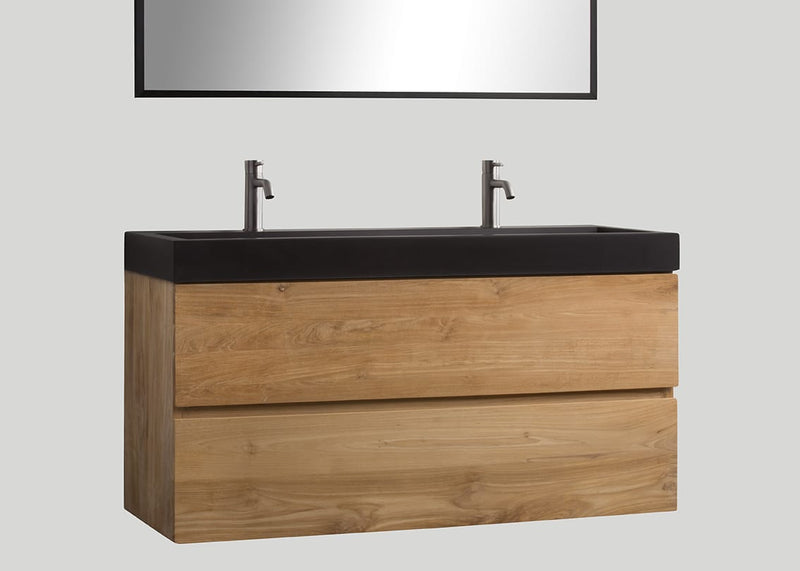 Mastello teak badmeubel Mallorca en quartz wastafel mat zwart met kraangaten - 100 cm