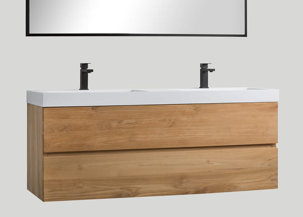 Mastello teak badmeubel Mallorca (2 lades) en solid surface wastafel Stretto mat wit met kraangaten - 120 cm