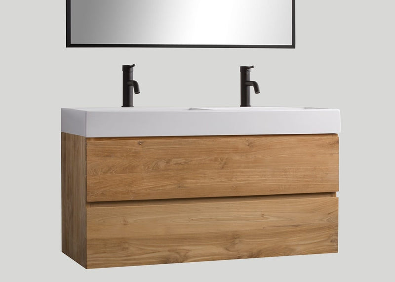 Mastello teak badmeubel Mallorca (2 lades) en keramiek dubbele wastafel glans wit zonder kraangaten - 120 cm
