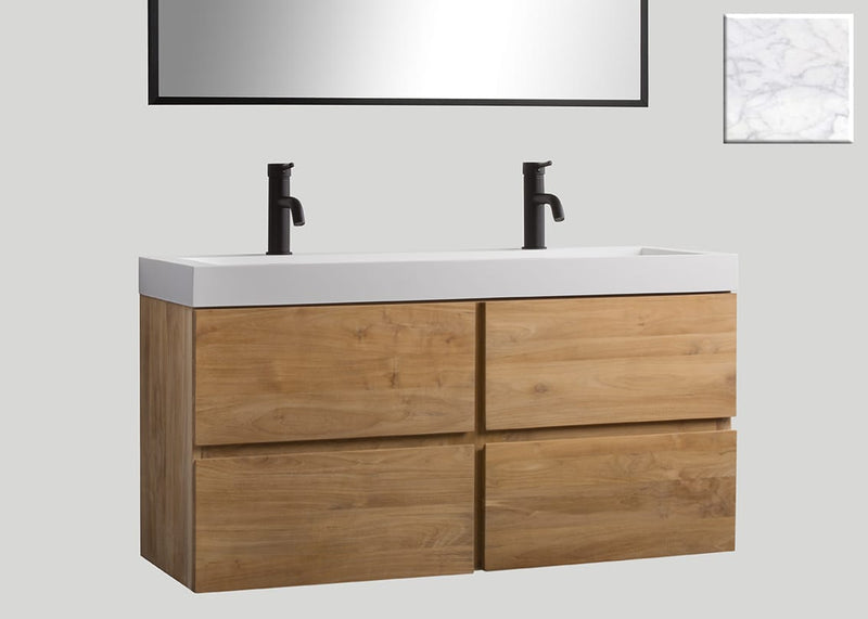 Mastello teak badmeubel Mallorca (4 lades) en solid surface wastafel Cascate mat marmer met kraangaten - 120 cm
