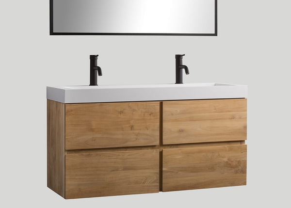 Mastello teak badmeubel Mallorca (4 lades) en solid surface wastafel Cascate mat wit met kraangaten - 120 cm