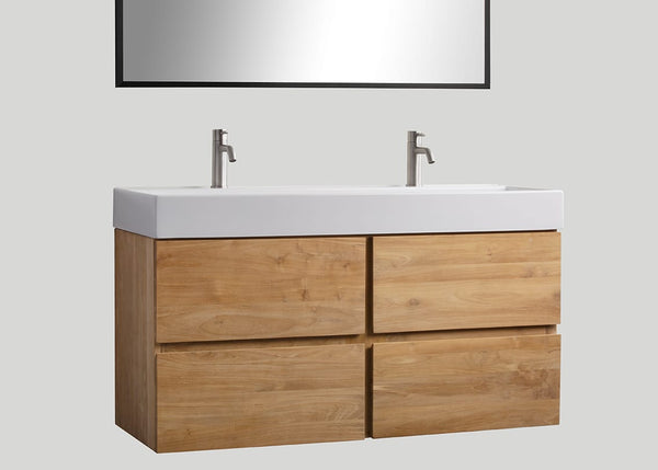 Mastello teak badmeubel Mallorca (4 lades) en keramiek enkele wastafel glans wit met kraangaten - 120 cm