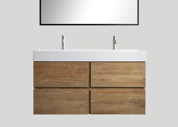 Mastello teak badmeubel Mallorca (4 lades) en keramiek enkele wastafel glans wit met kraangaten - 120 cm